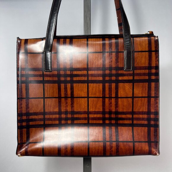 VTG Rare BURBERRY Brown House Check Top Handle Structured PVC Bag - Picture 1 of 11